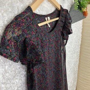 Frenchi Sheer Floral Print Short Flutter Sleeve Layering Top Size XS